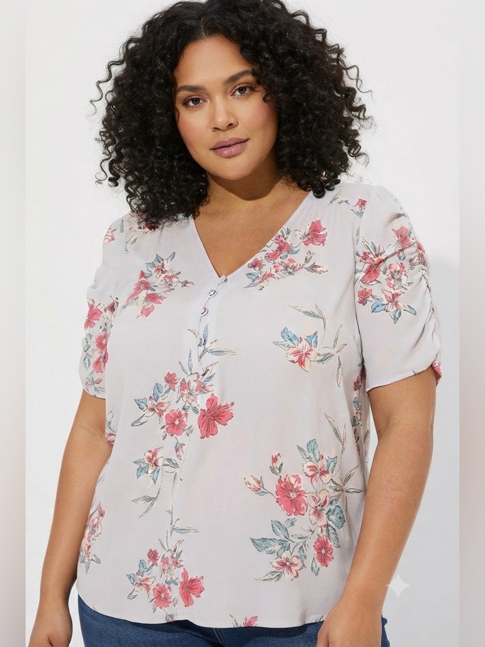 Torrid Floral Button Accent V-Neck Short Sleeve Blouse Light Blue Pink Size 1 NW